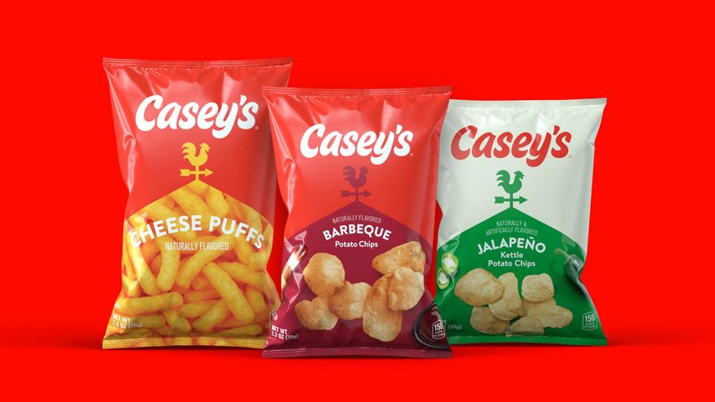 3-D rendered bags of chips with the Casey's logo