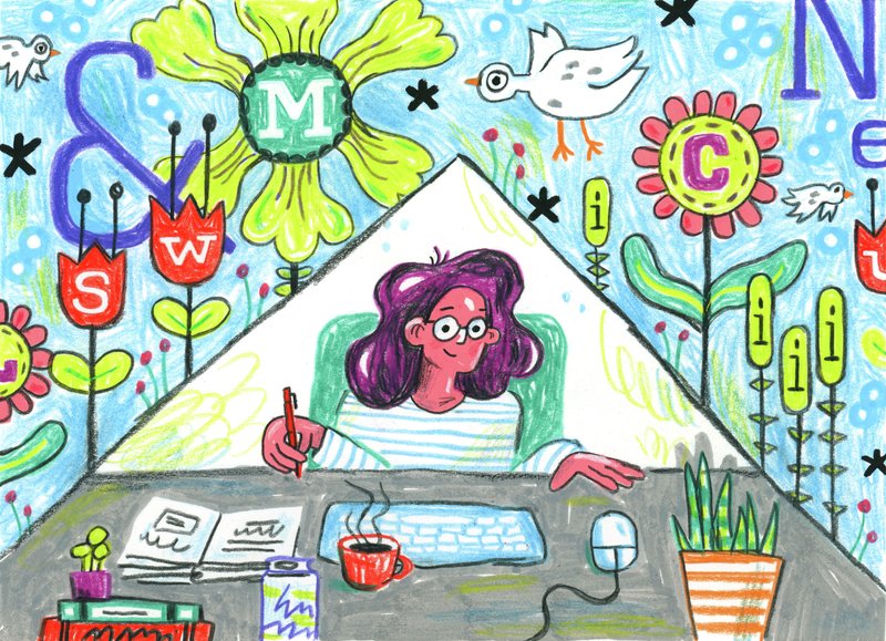 A person with a friendly smile, glasses, and sculptural hair sits at a desk with a pen in their hand. On the desk are books, a keyboard, a mouse, a cup of coffee, and a plant. Surrounding them is an abstract environment filled with letterforms, birds, and flowers. Colorful hand-drawn illustration by Cydney Cherepak.