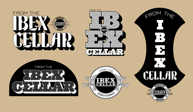 Five sketches of logo concepts for "Ibex Cellar"