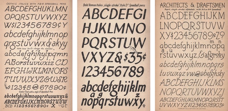Three pages of sample alphabets drawn with a Speedball pen