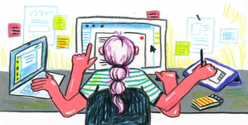 A person with a ponytail sits at a desk with their back to us. Making use of their four arms, they are working on three devices simultaneously: a laptop computer, a desktop computer, and a tablet. Colorful hand-drawn illustration by Cydney Cherepak.