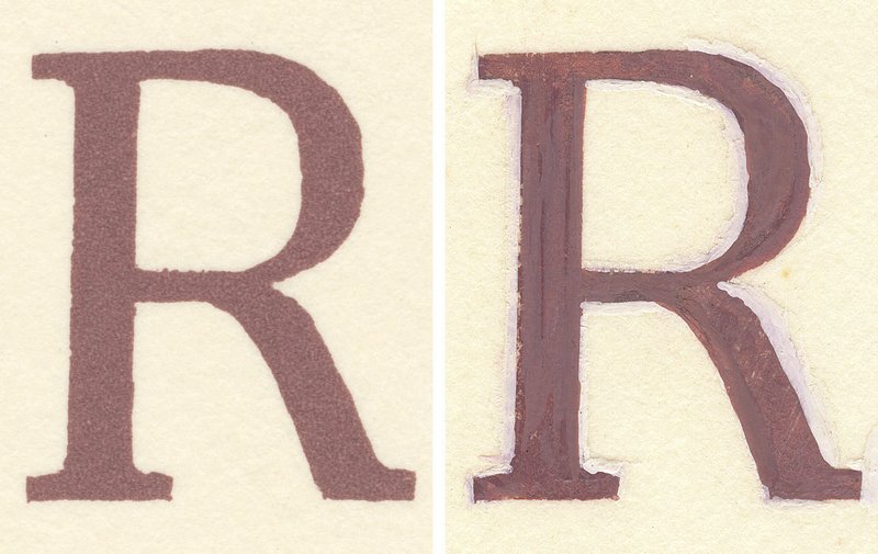 Two images of the hand-painted letter "R" with different levels of paint detail apparent.