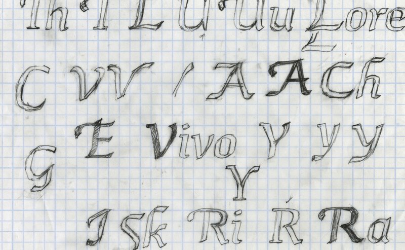 A page of grid paper with hand-drawn sketches of swash letterforms