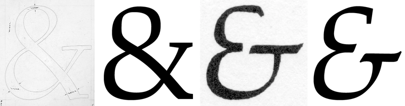Two scans of hand-rendered ampersands, shown alongside ampersands from the typeface Study