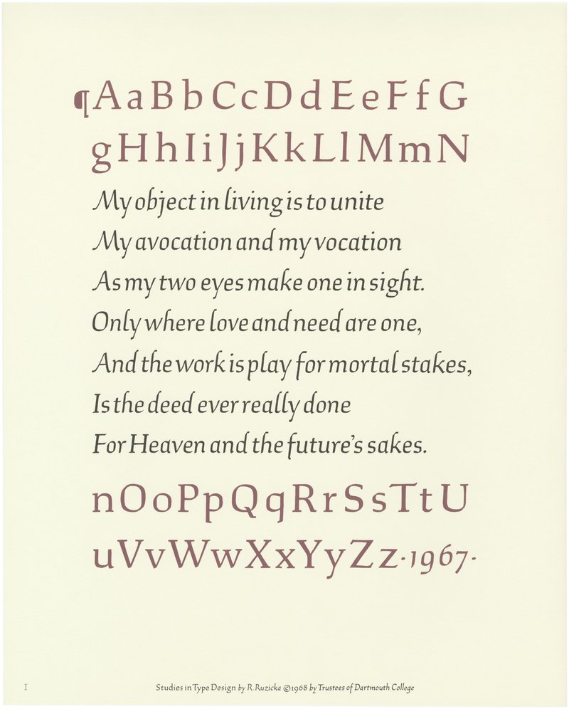 An artistic print of a hand-painted alphabet in roman letters, and a poem by Robert Frost in italic.