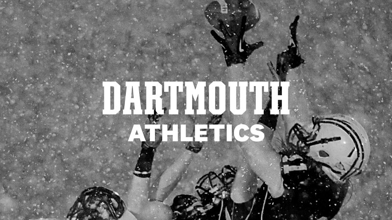 The Dartmouth Athletics logo lockup over a photo of football players
