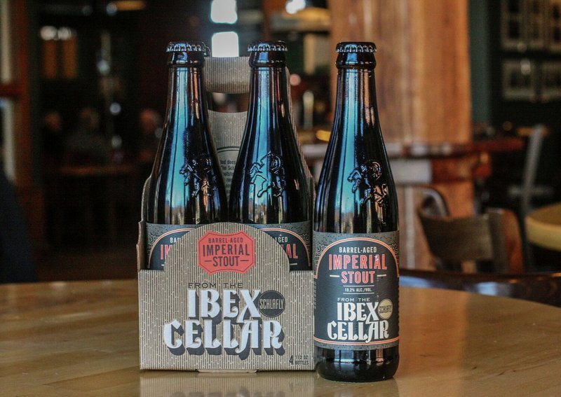 A styled photo of a six-pack of beer with "From the Ibex Cellar" logo on cardboard case