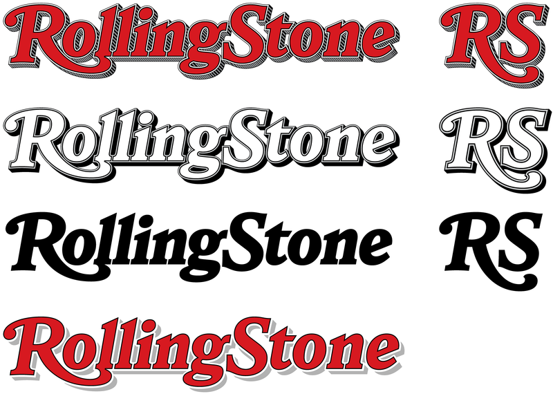 Four versions of the Rolling Stone logo are shown alongside three versions of the RS monogram