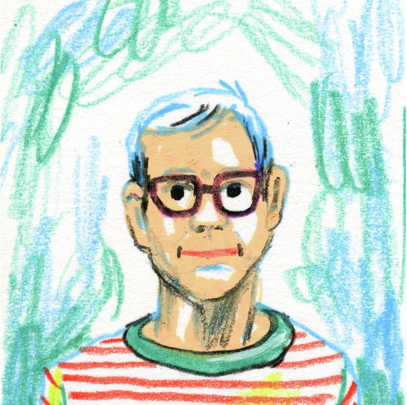 A man in a striped crew-neck shirt with glasses, clean-shaven, and a slight smile. A colorful hand-drawn portrait of Ben Kiel by Cydney Cherepak.