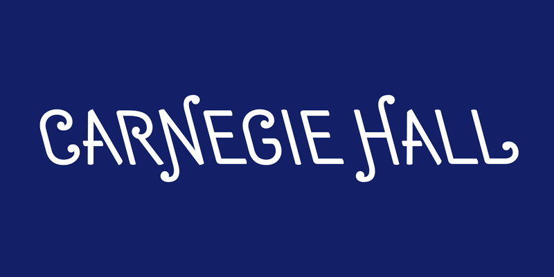A back-slanted curly all-caps rendering of the name "Carnegie Hall"